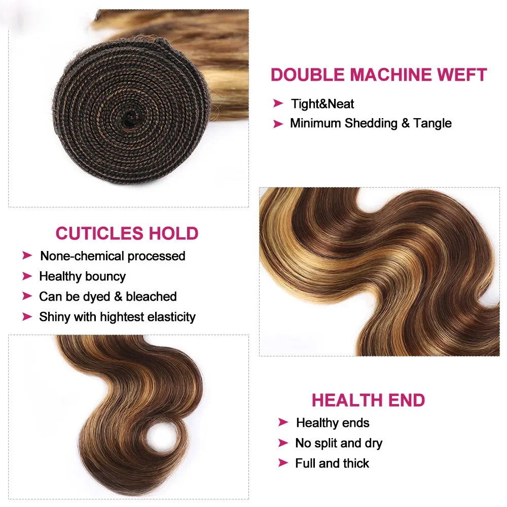 Zestawy ludzkich włosów w kolorze miodowo-blond z zamknięciem Body Wave Highlight Color # P4/27 Przezroczysta koronka 13x4 z przodu, 3 wiązki ludzkich włosów