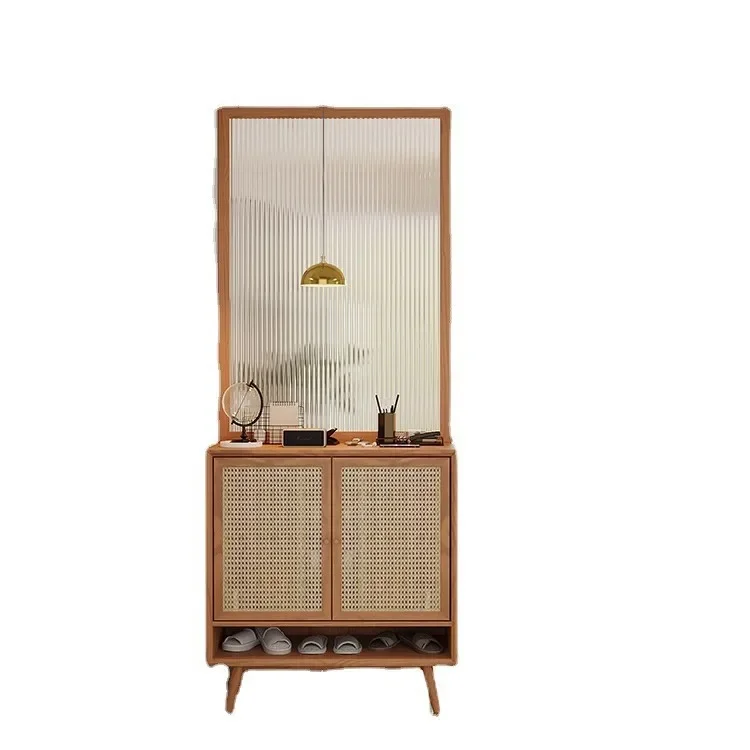 

Japanese-style all-solid wood entrance screen cabinet living room Nordic Changhong glass partition rattan