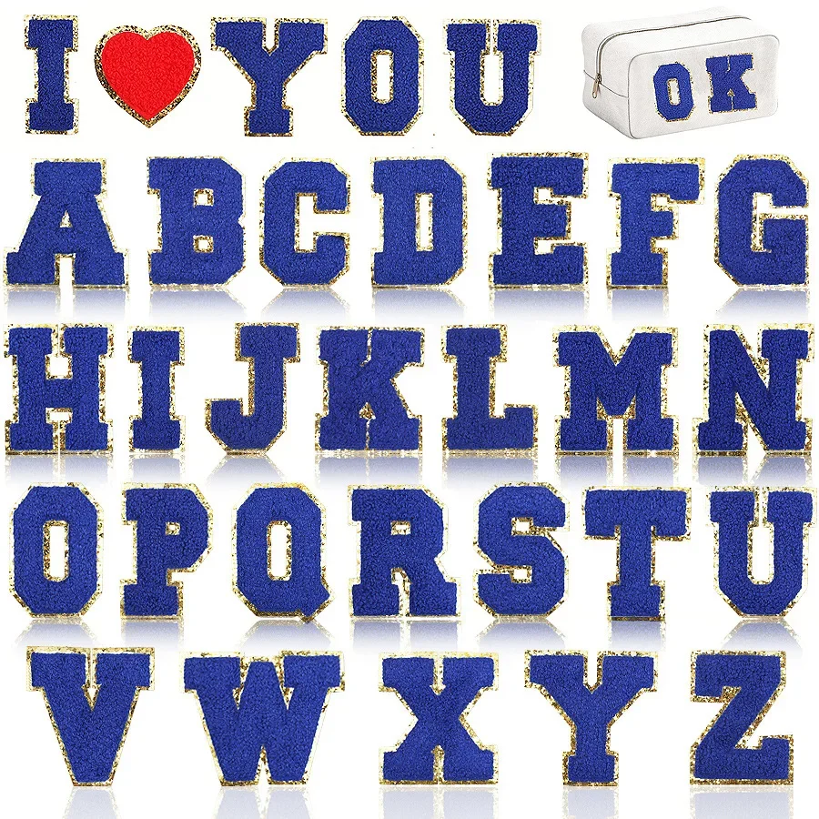 Lettres bleues de carnaval brodées au fer sur l'applique de patch, insigne de nom de bricolage, patchs d'alphabet pour vêtements, accessoires de sac, 8cm