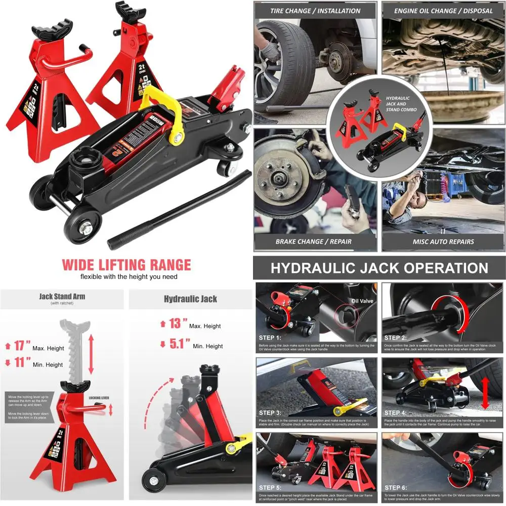 

Low Profile 2 Ton Hydraulic Trolley Jack and 2 Ratchet Stands Kit for Home Garage, 4000 lbs Capacity, Red/Black