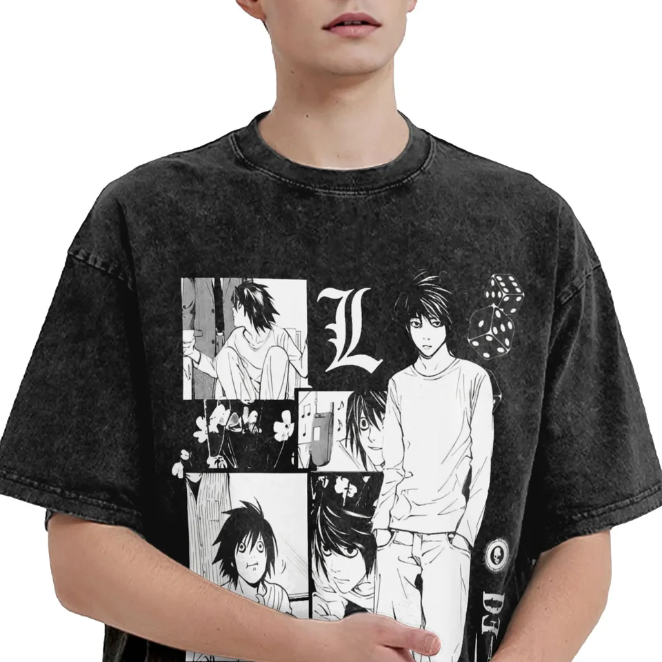 Playera de Death Note con estampado de L Lawliet, algodón, lavada, de corte amplio, manga corta, para hombre y mujer 3