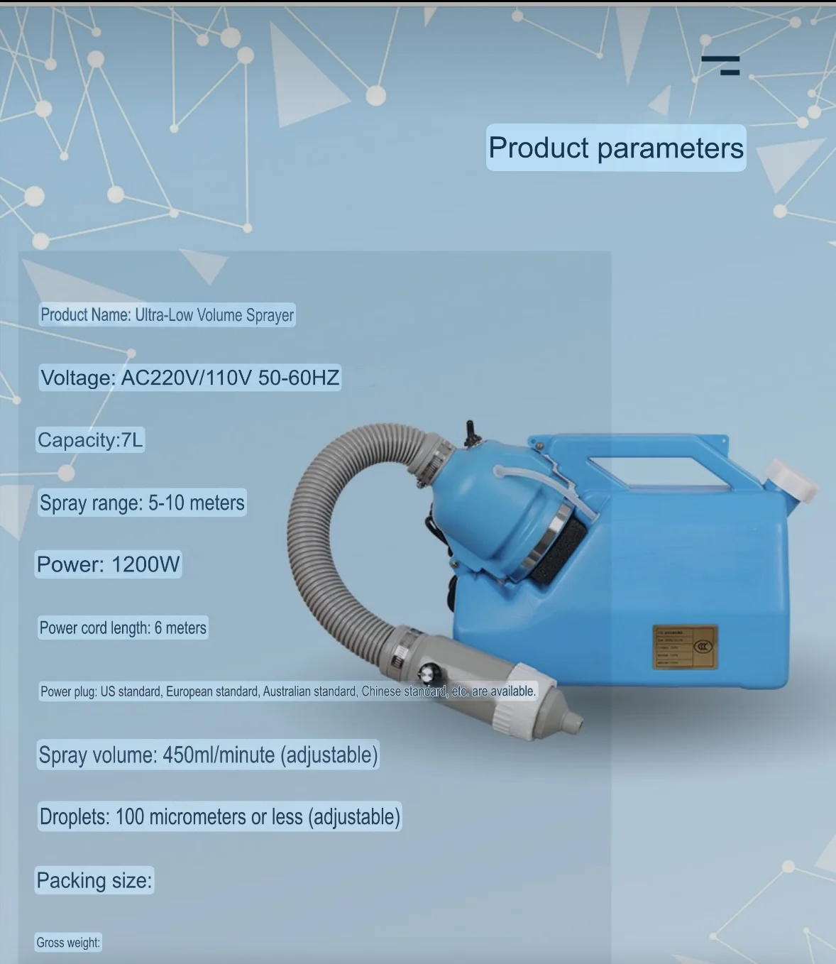 7L Electric Disinfection Sprayer Disinfecting Fog Machine Intelligent Ultra-Low Capacity ULV Cold Fogger for Garden Hospitals