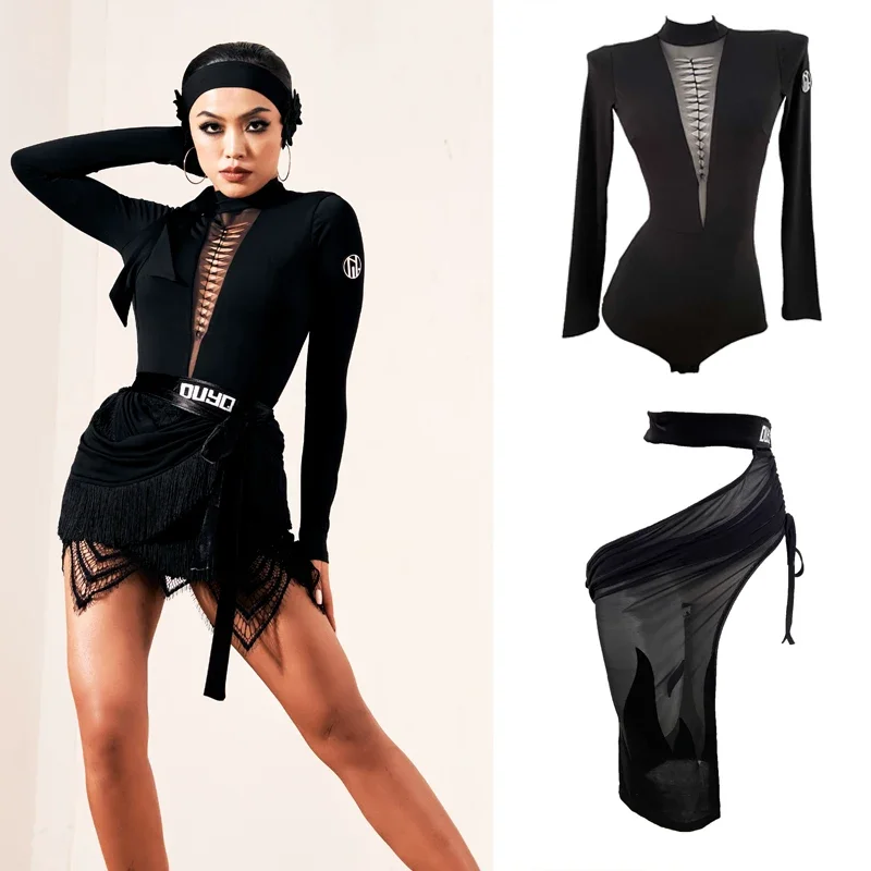 Black Deep V-Neck Long Sleeved Top Cutout Mesh Skirts Wrap Fringes Skirt Latin Dance Costume Ballroom Performance Clothes SL6241