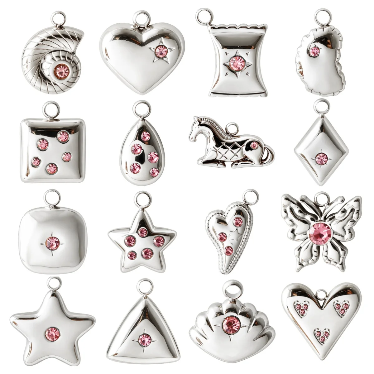10pcs High Quality Silver Plated Assorted 304 Stainless Steel Pendant Heart Star Shell Butterfly Pink Rhinestone Pendants Gift