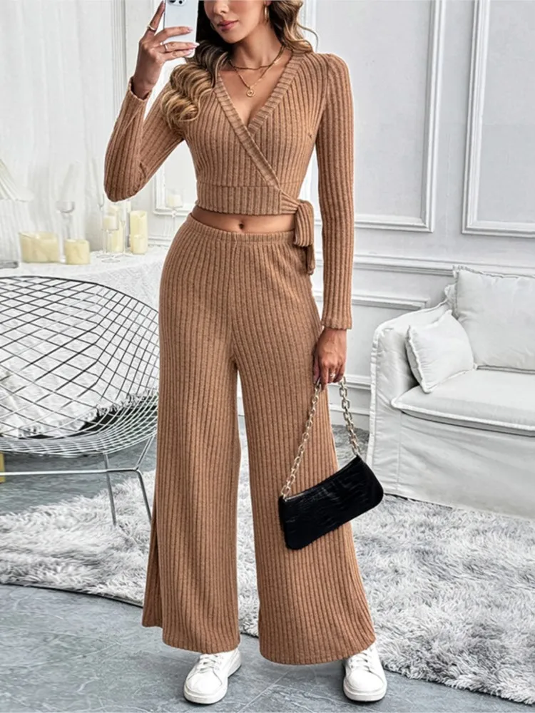 Slim 2 Pieces Set For Woman Two Piece Outfits New In Matching Sets Commuting Home Clothing Casual Solid Color Leace-up All-match
