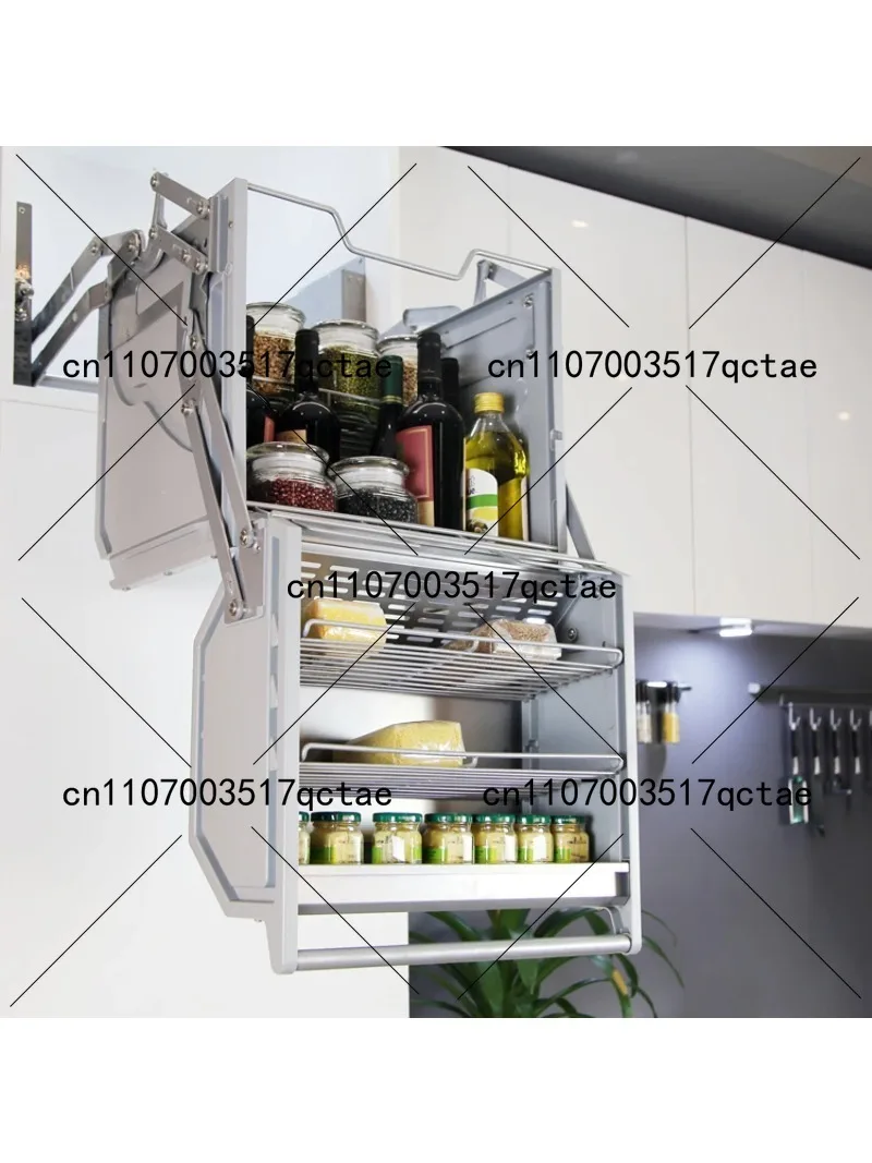 Pull Down Elevator Kitchen Storage Rack for Refrigerator Top Cabinet, Double Layer Hanging Basket Organizer