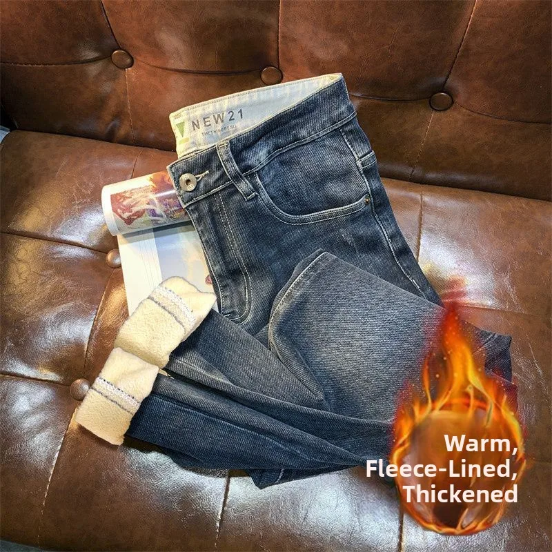 

Мужские зимние джинсы из фланели с начесом, синие, эластичные, прямые, повседневные, облегающие, молодежные, модные
