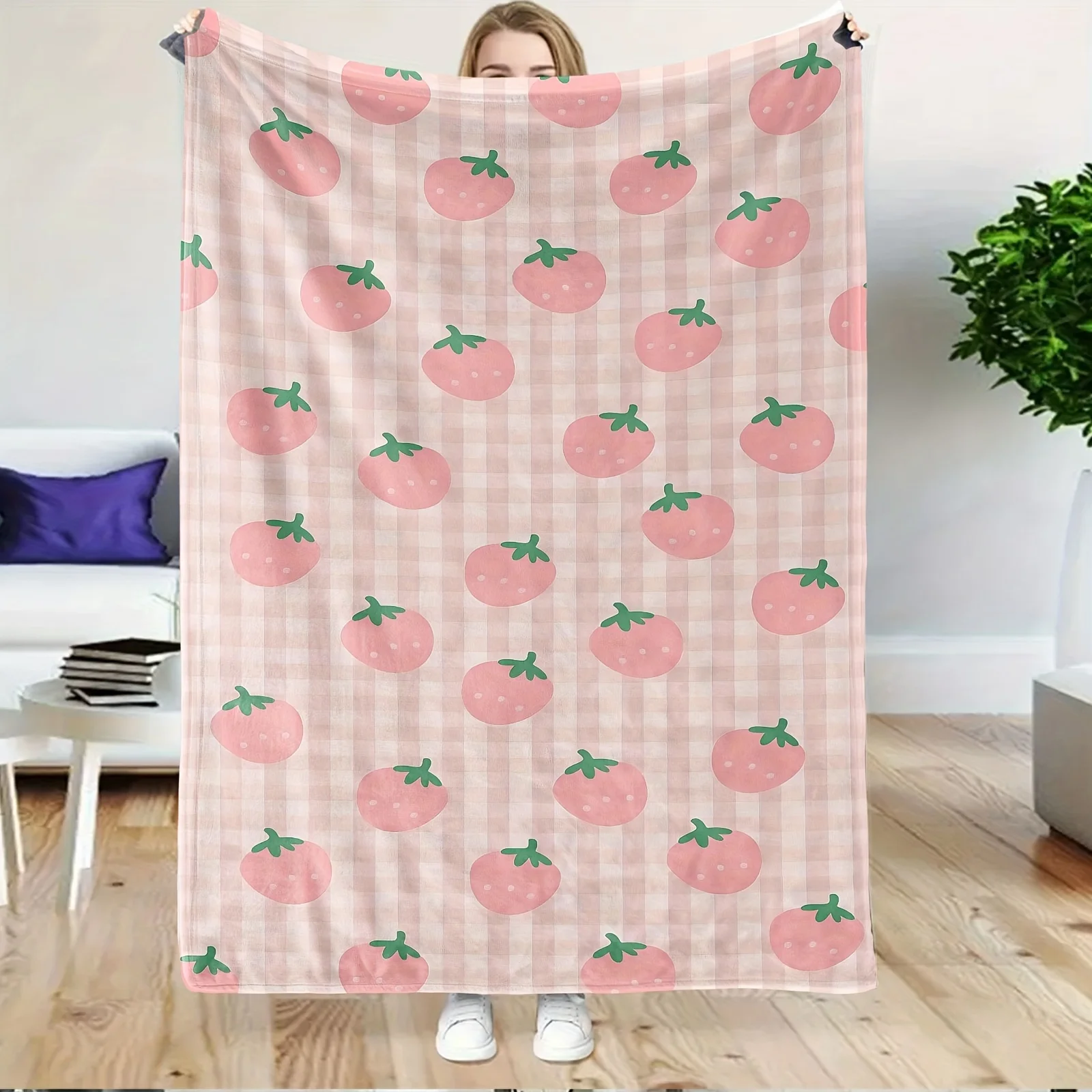 1pc Fluffy Throw Blanket, Pink Strawberry Print, Warm Blanket for Sofa Bedroom, Multifunctional Camping Blanket, Sweet Gift