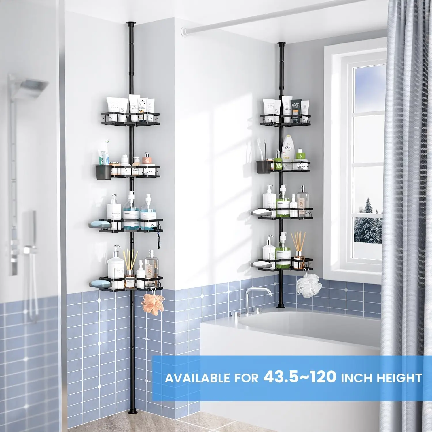 Corner Shower Caddy Tension Pole: 4tier adjustable Rustproof Bathroom Organizer Shelves - Bathtub shampoo rack 43.5-120 inch