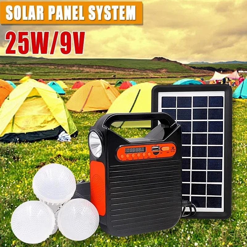 25W Bluetooth USB Charger Home System Solar Power Panel Generator Kit with FM Radio 3 LED Bulbs Light Emergency Lighting