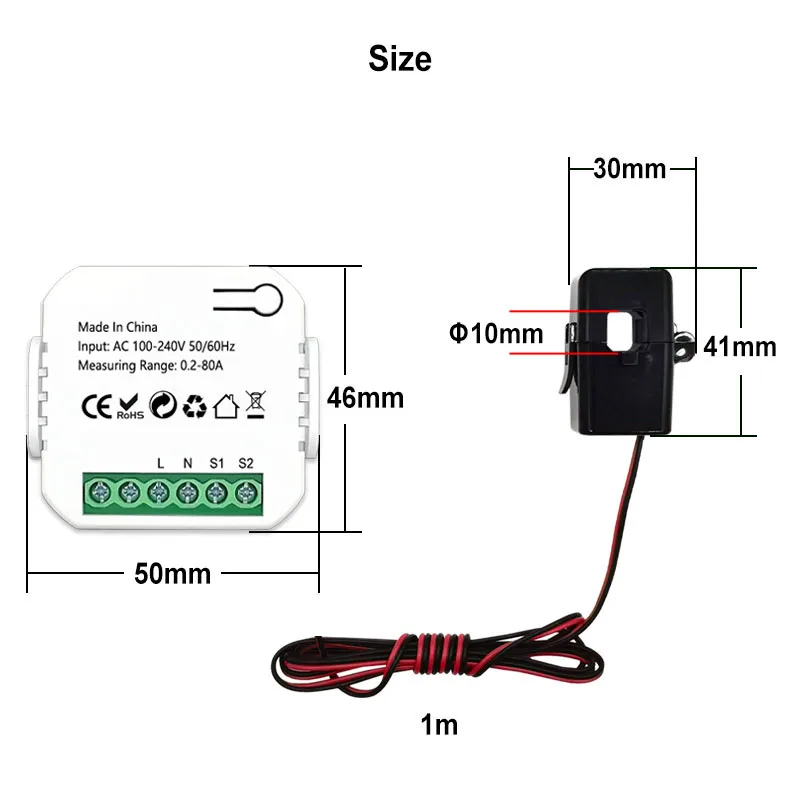 ZigBee 에너지 전력 모니터 클램프 전류 센서 포함, 투야 스마트 라이프 앱, 전기 통계가 있는 AC 110V, 240V, 50Hz, 60Hz, 80A