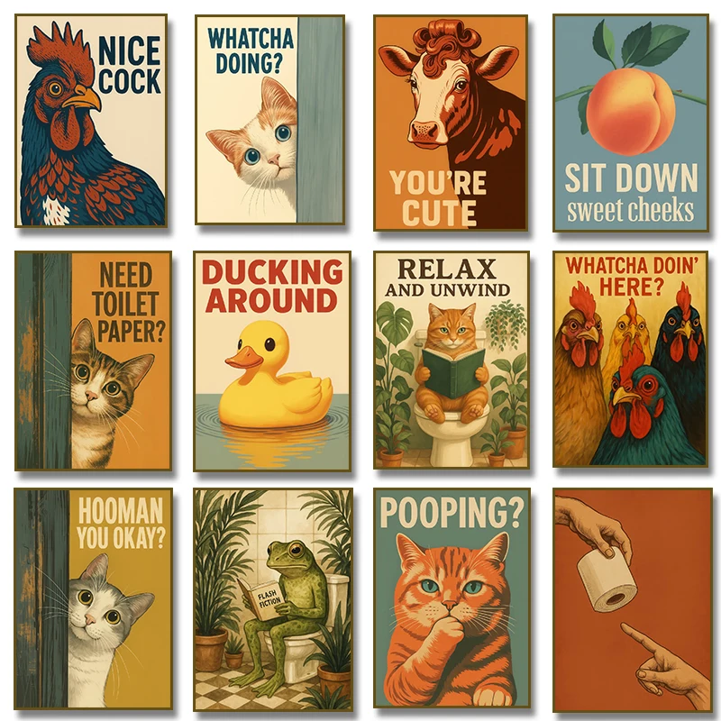 Are You Pooping Cat Frog Reading Sitting on The Toilet Posters Funny Bathroom Sign Canvas Prints Painting Wall Pictures Decor