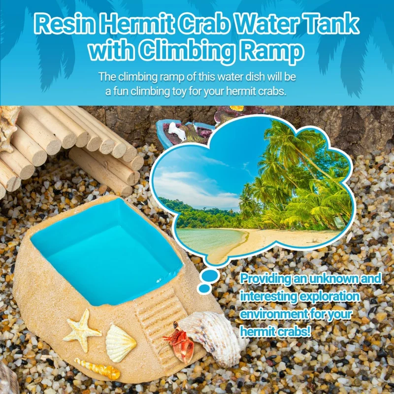 Hermit Crab Water Bowl with Climbing Ramp, Resin Hermit Crab Water Food Dish and Bathing Pool Beach Style Reptile Ramp