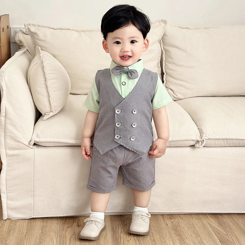 Boys Suit 2026 Spring and Summer New Childrens Wear Baby Boys Foreign British Gentleman Short Sleeve Shorts Vest Three Sets