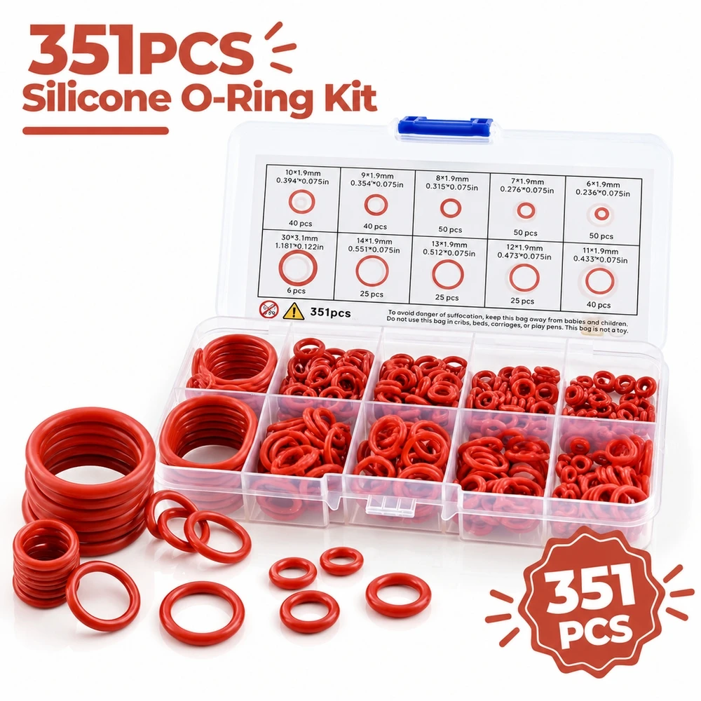 351pcs Molded Silicone O-Rings Assortment Oil Resistant Heat Proof Wear Resistant for Automotive Use