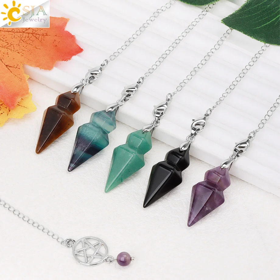 CSJA Spiritual Cone Crystal Pendulum for Dowsing Divination Witchcraft Natural Stone Amethysts Pink Quartz Pendant Pendulos H496