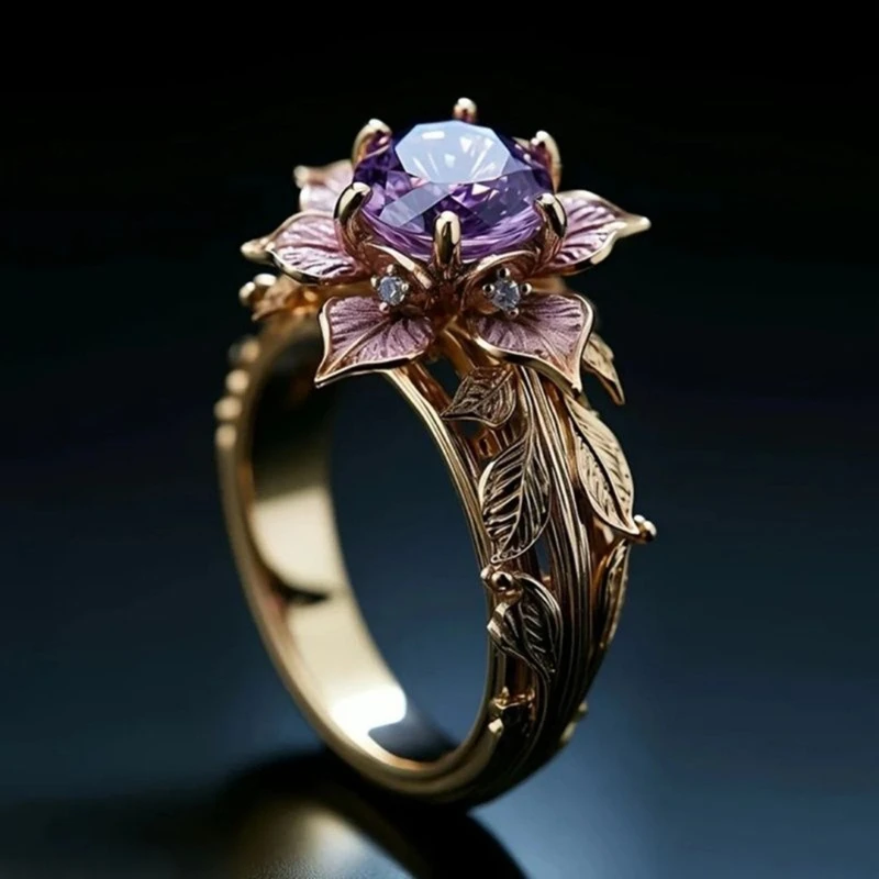 Exquisite Pretty Purple Flower Ring Sparkling Zirconia for Weddings Engagements Anniversaries New Year'S Day Jewelry Gifts