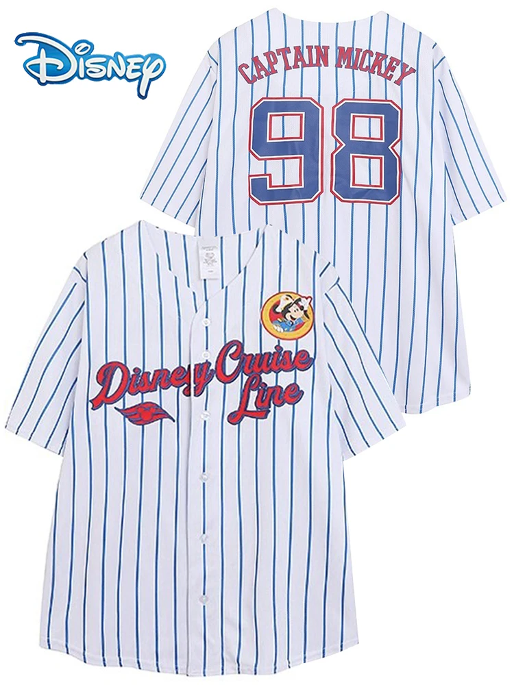 

Disney Cruise Line Striped T-Shirt Minnie Mouse Letter Embroidery Short Sleeve Single-breasted Baseball Jersey Quick-dry Tops