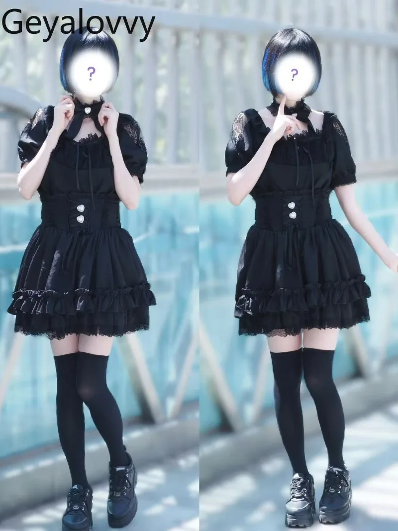 

Japanese Original Mass-produced Mine Suit Black White Lace Short-sleeved Shirt Bow Versatile Top and High-waisted Short Skirt