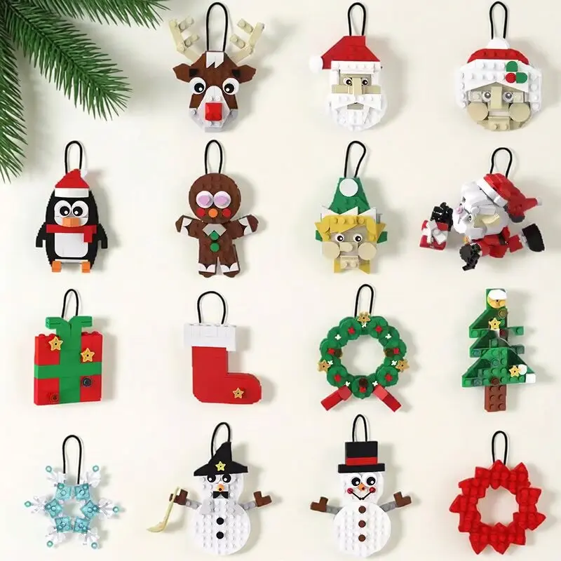 MOC Christmas Hanging Ornament Building Blocks Set, Xmas Tree Decor with Snowman Elk Nutcracker Figure, DIY Assembly Toys Gifts