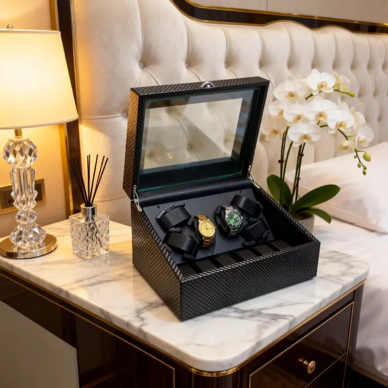 Wooden Watch Winder for Automatic Watches Rotating Display Case 5 Modes LED Super Quiet Mabuchi Motor Leather Lining