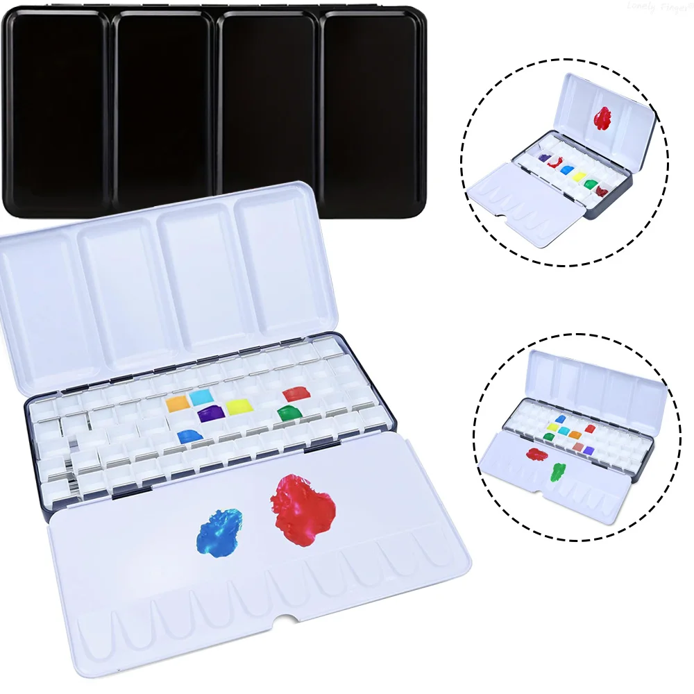 Empty Watercolor Tin Box with 63/37/20 Half Pans Fold-Out Palette Metal Tin Box for Watercolor Acrylic DIY Travel Art Supplies