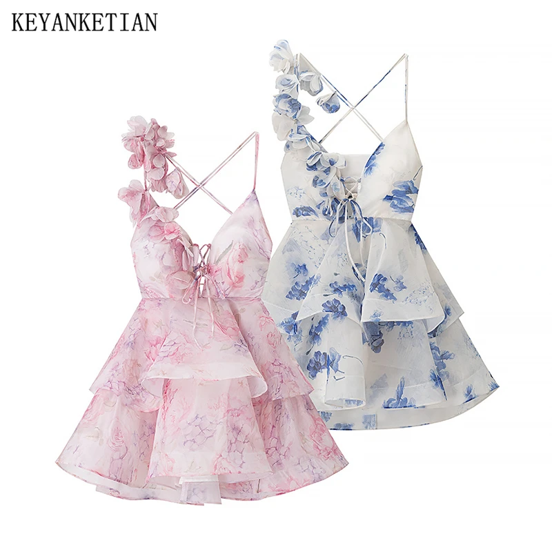 

KEYANKETIAN Summer New Holiday wind Applique Decoration Flower Print Strap Dress Lace Up Backless Women's Organza Mini Dress