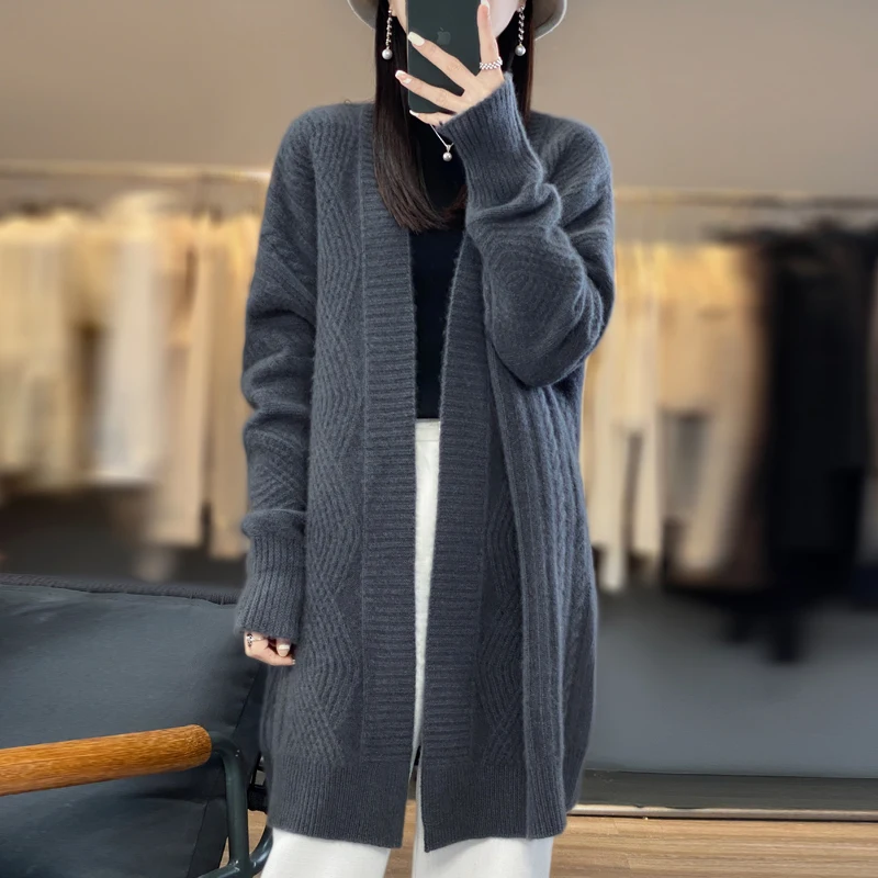 100% pure wool cardigan women's 2023 new thick fashion long cashmere knitted loose coat