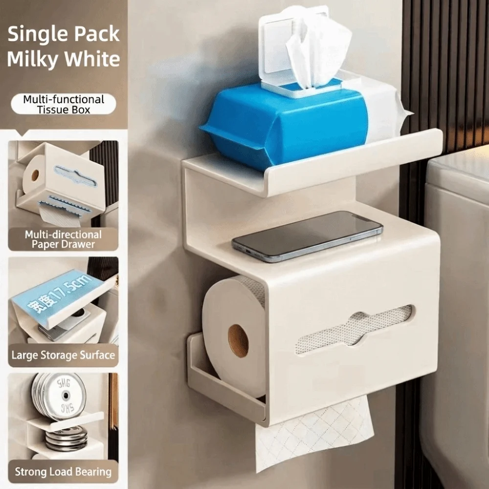 Wall-Mounted Toilet Paper Holder Drill-Free Multi-Tier Tissue Box Space Saving Easy To Install Tissue Rack Bathroom