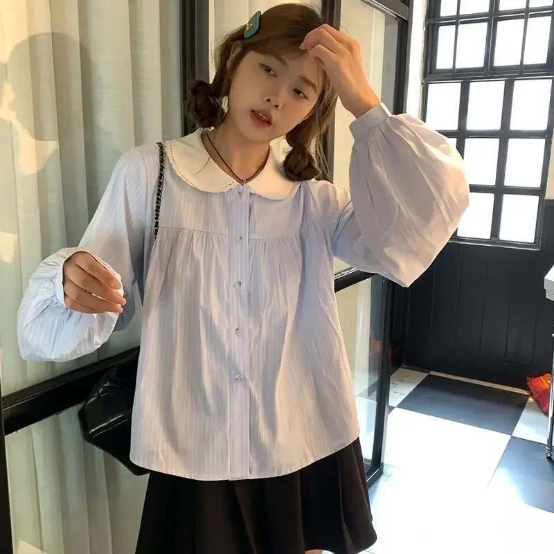 النمط الياباني قمصان مخططة النساء الكورية موضة لطيف المرقعة البلوزات طويلة الأكمام بيتر بان طوق بلايز عادية