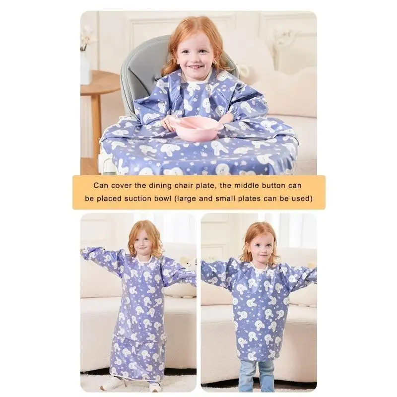 

U13F Infant Baby Feeding Bib with Hightchair Cover Cartoon Long Sleeve Gown Smock Coverall Easily Attachment Nursing Apron