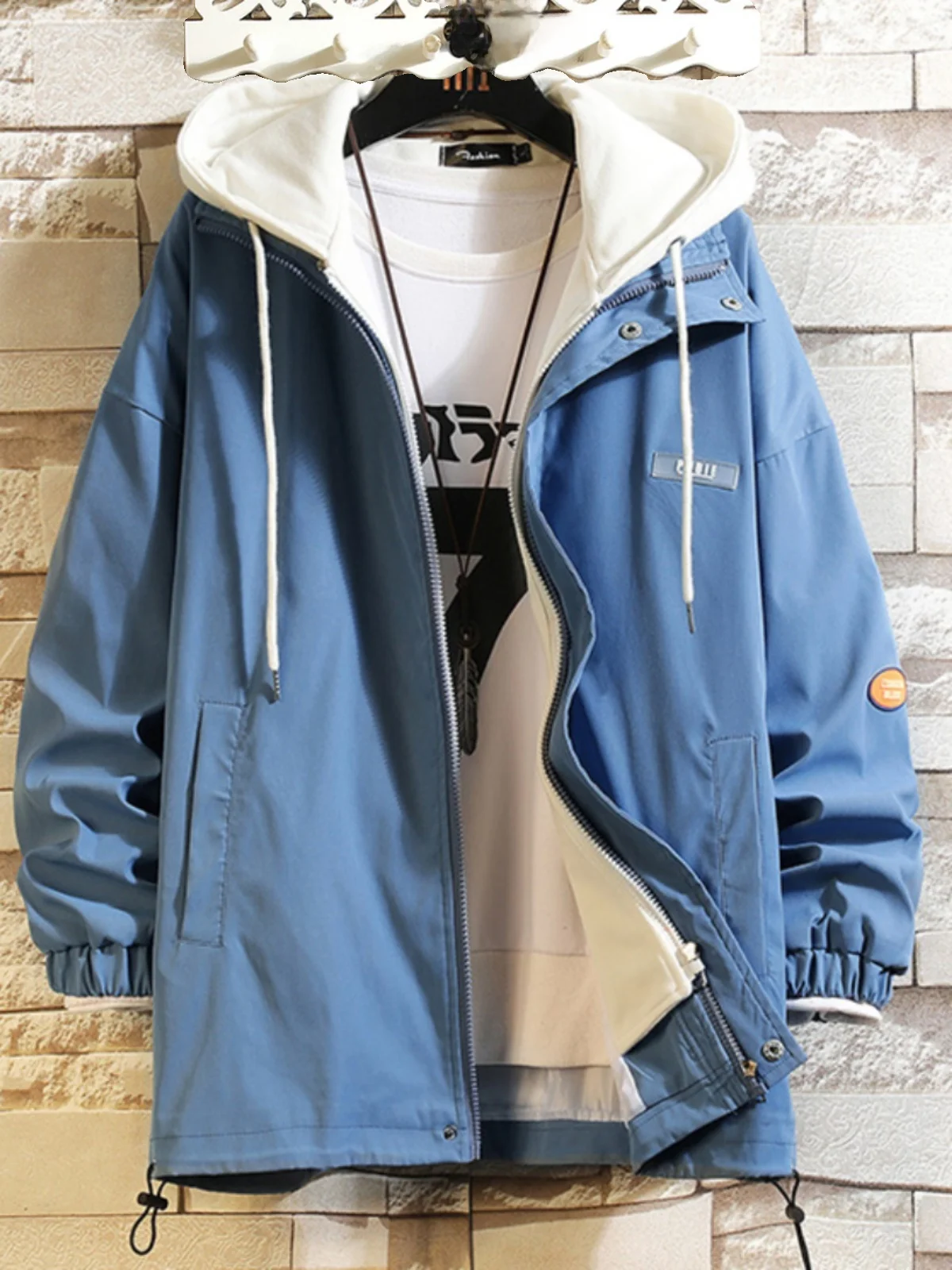 

Casual Men's Hoodie Jaet Fake Two-Piece Student Harajuku Sle Loose Fit Autumn Outerwear Windproof Zipper Closure Long Sve