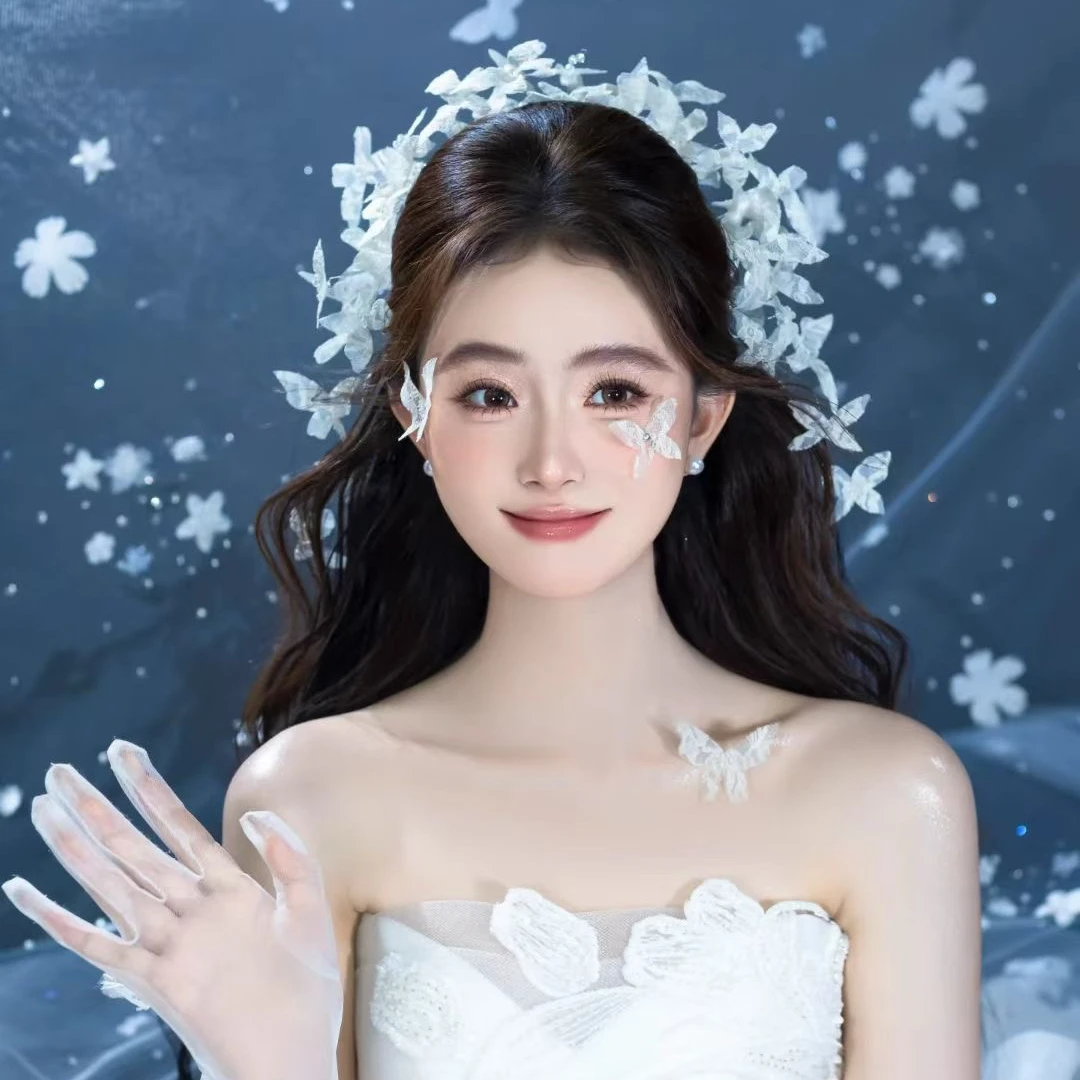 Handmade Japanese Korean Wedding Hairband with Crystal Beaded Lace Bridal Butterfly Hairband Accessory  Hair Ornament for Makeup