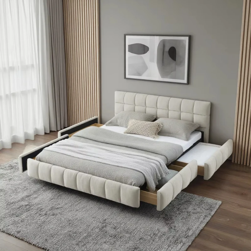 Modern queen tufted headboard platform bed frame with wooden storage drawers