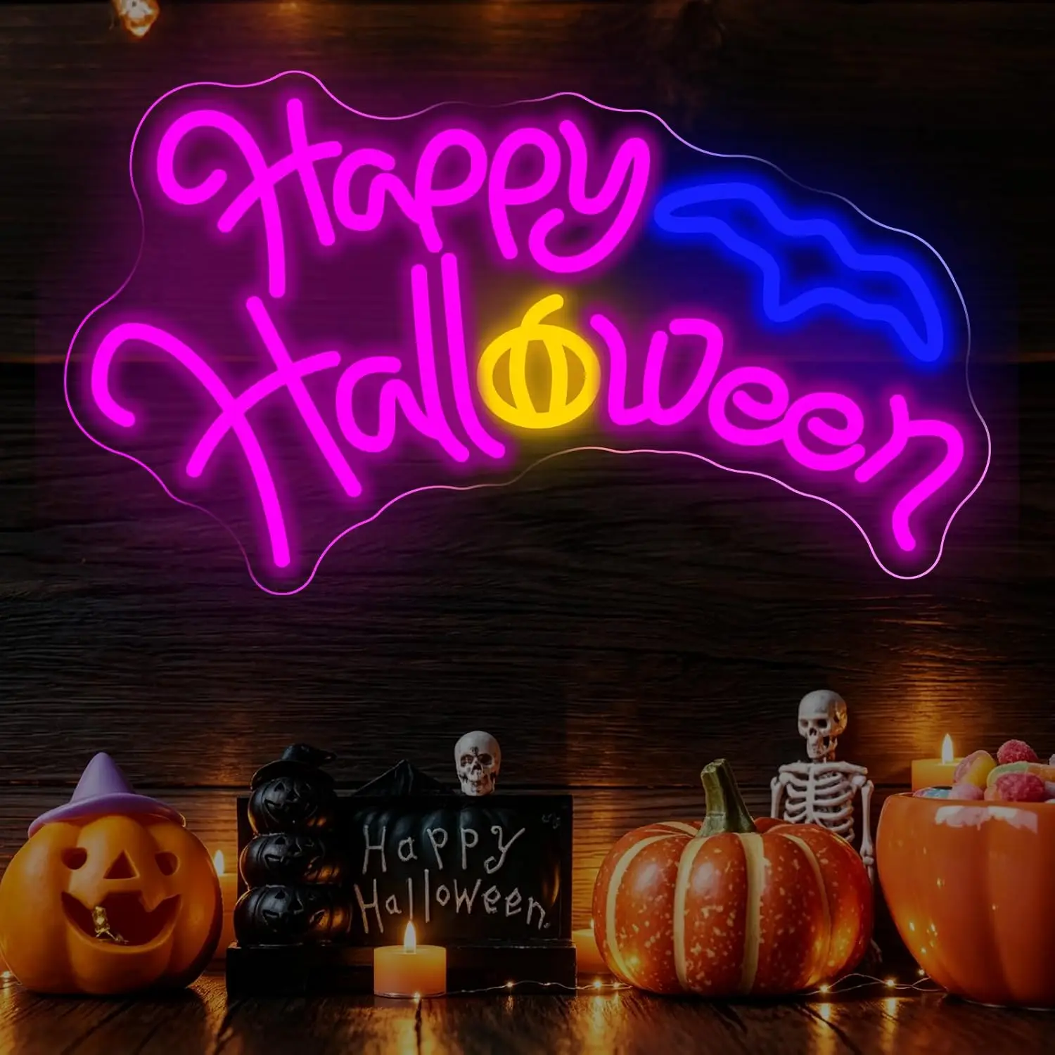 Happy Halloween Neon Sign Bat Pumpkin LED Neon Light USB Wall Hanging Lamp Halloween Party Home Window Holiday Decoration Gift