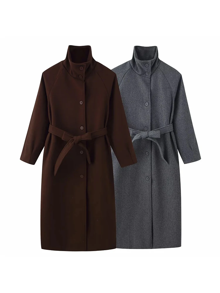 المرأة الرجعية الصلبة الوقوف طوق معطف طويل تويد المرأة أزياء واحدة الصدر معاطف مع حزام سيدة شيك الشارع أبلى #2