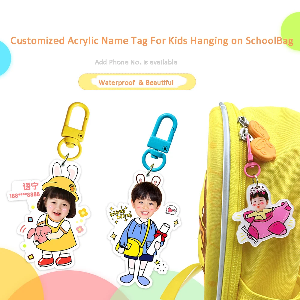 

Acrylic Customized Photo Name Tag DIY For Kids Student Hanging On SchoolBag Clothes Cup Cartoon Personal Name Tag Pendant