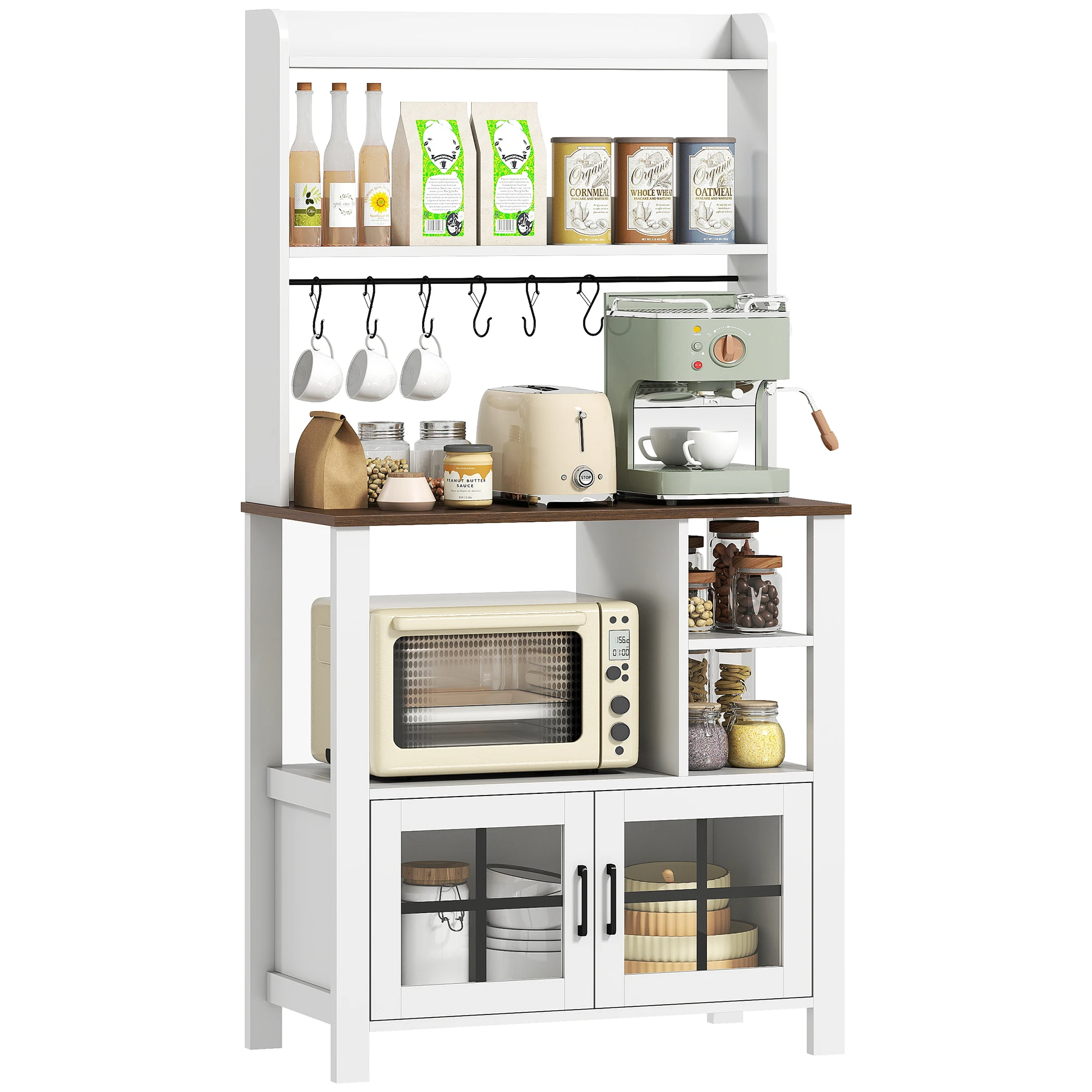 HOMCOM Alacena de Cocina Alta con 6 Ganchos para Tazas 80x40x152 cm Blanco
