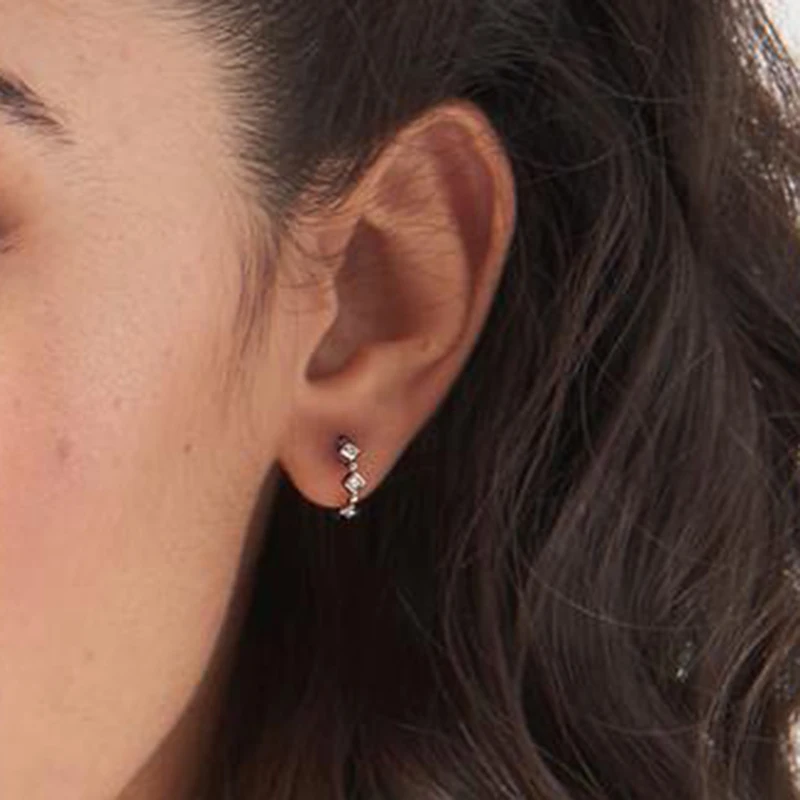 925 Sterling Silver Ear Needle Hoop Earrings Crystal Circle Small Huggie Earrings for Women Simple Females Girls Jewelry