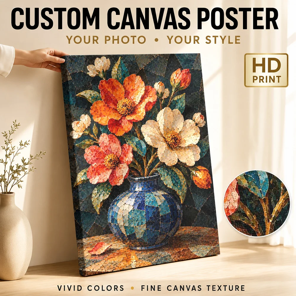 Flowers In Blue Vase Canvas Poster Personalized Photo Decorative Mosaic Style Wall Art For Florist Studio, Flower Lover Gift