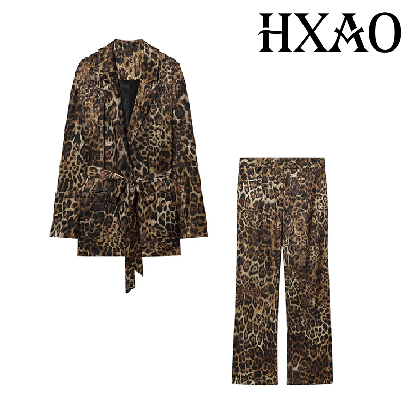 HXAO Leopard Pants Sets 2 Piece Set Vintage Long Blazer Jacket Two Piece Set Autumn Formal Women Pants Suit Belt Women's Set