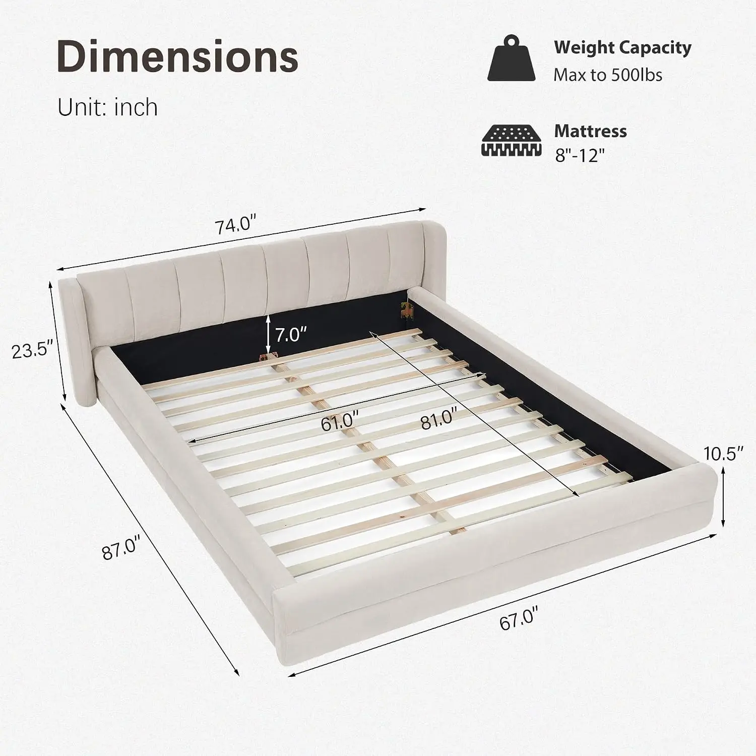 Queen Size Bed Frame with Cloud Soft Headboard, Chenille Upholstered Grounded Wood Base Bed Frame, No Box Spring, Customized