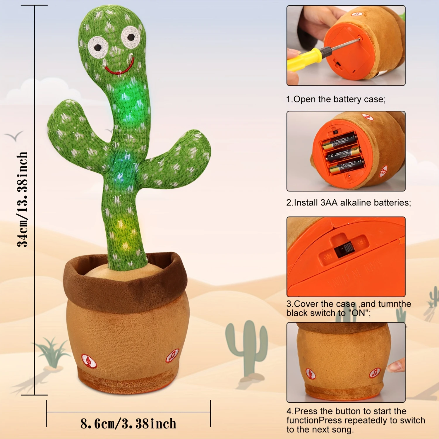 

1pc Radiant Glowing Cactus Toy - Interactive Talking and Singing, Twistable Sand Sculpture Design - Perfect for Dogs and Cats, B