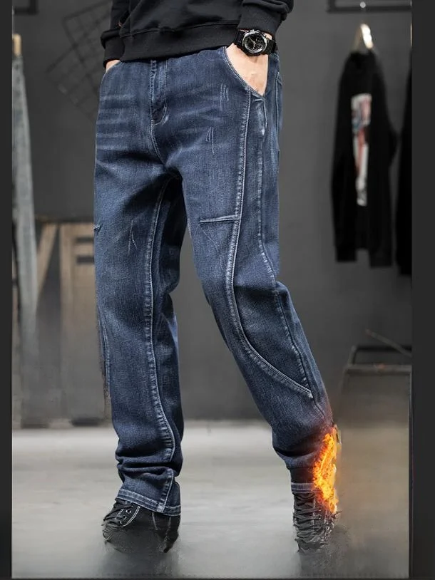 

Men's Stretchy Fce Lined Thi Denim Jeans Autumn Winter Sle Straight Leg Slim Fit Inteated Velvet Cold Resistant Warm...