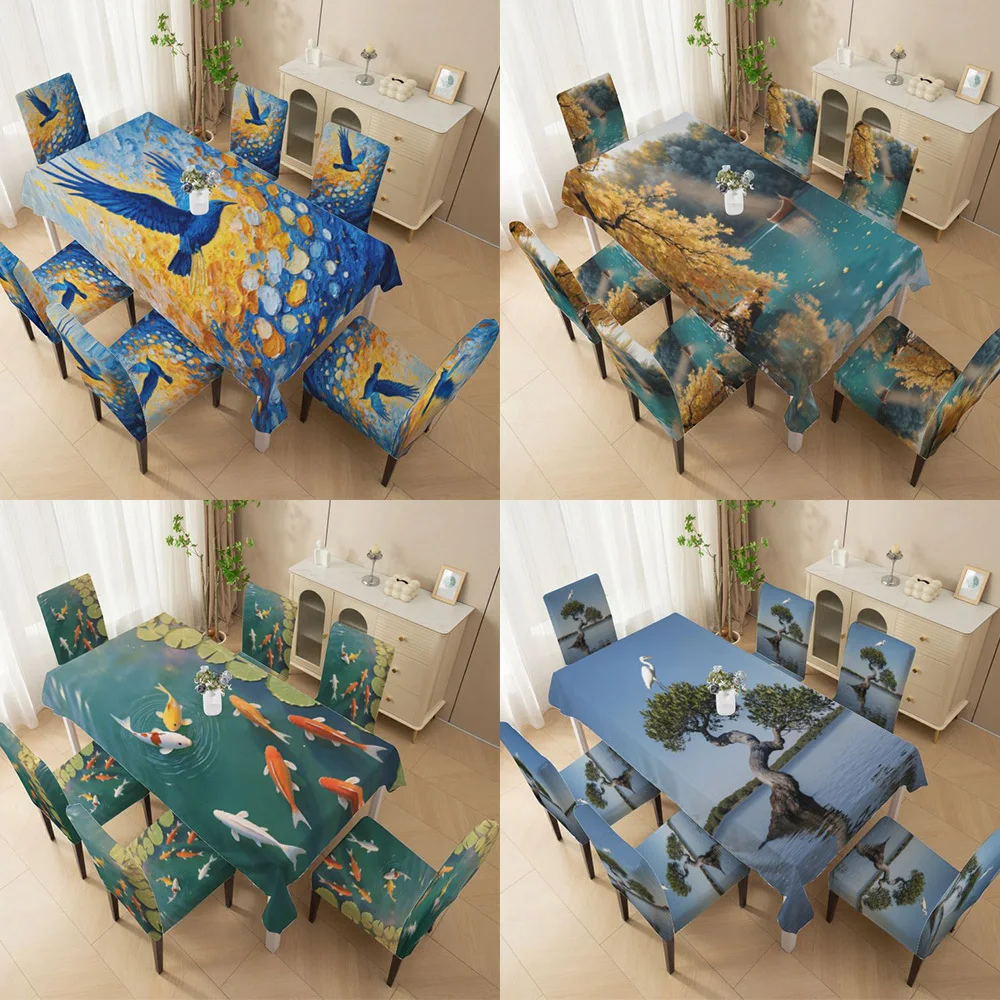 High-back dining chair set, elastic chair cover, fish lotus leaf bird pattern, dining room, living room, outdoor courtyard.