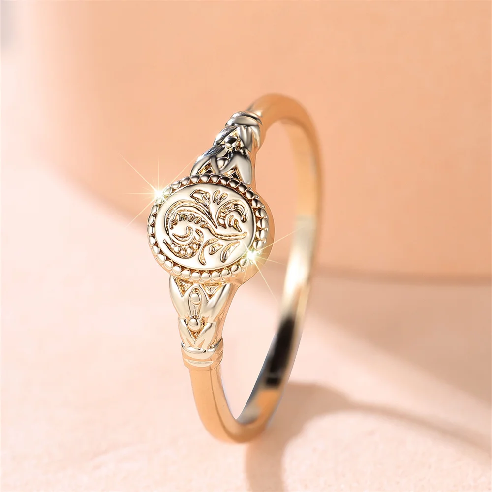 Antike Metallringe mit niedlichem ovalem Blumenmuster, dünne Ringe für Frauen, Vintage-Goldfarbe, Verlobungsring, Hochzeitsschmuck, Muttertagsgeschenk