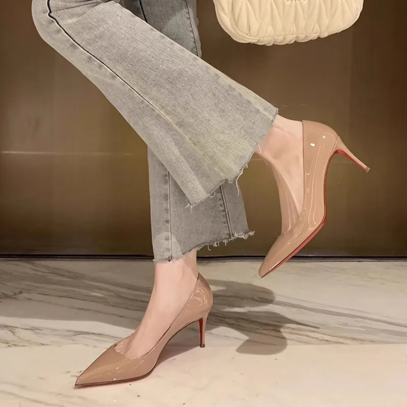 2025 Spring/Summer New Pointed Naked Single Shoes For Women, Lacquer Leather Sexy OL Commuting 8/10cm High Heels