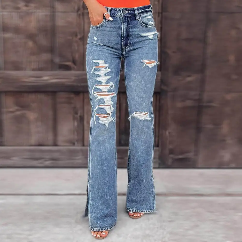 

Denim Pants Zipper Button Fly Split Leg Opening Flared Trousers Ripped Hole Tassel Mid-Waist Women Flare Denim Pants Streetwear