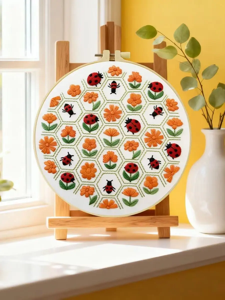 1 Stück 20X20CM/15X15CM 7,87/6,3 Zoll Blumen- und Marienkäfer-Stickerei-Starter-Kit DIY-Kit DIY-Stickerei-Set Handarbeiten – Detail 6