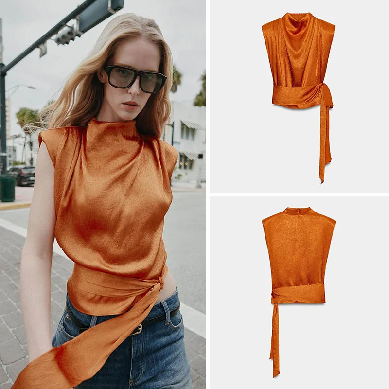 Spring New Arrival Women's High Collar Sleeveless Silk Satin  Knot Top Ethnic Stage Costume for Ages 25-35